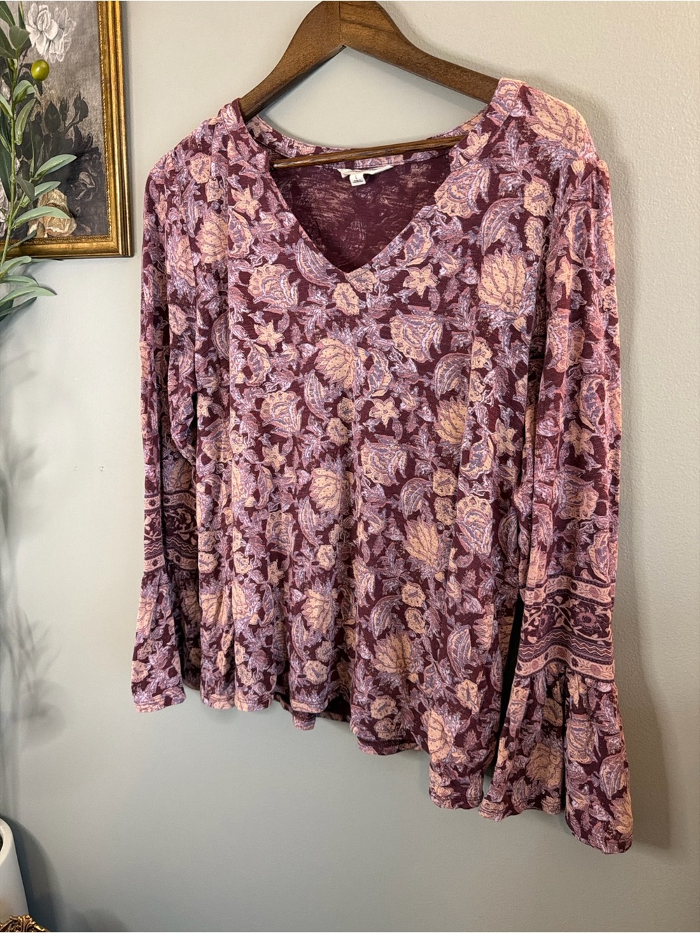 Lucky Brand Floral Bell Sleeve Top Large Boho Paisley Peplum Cotton Modal Purple - Picture 3 of 8